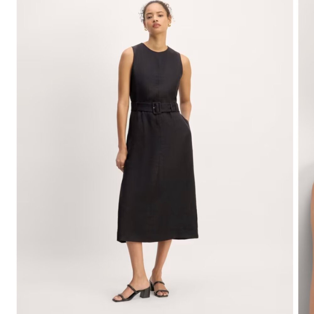 NWT Everlane Belted 100% Linen Midi Dress Black 12